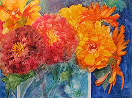 Zinnimania, 28 inches by 36 inches using Watercolor on Yupo